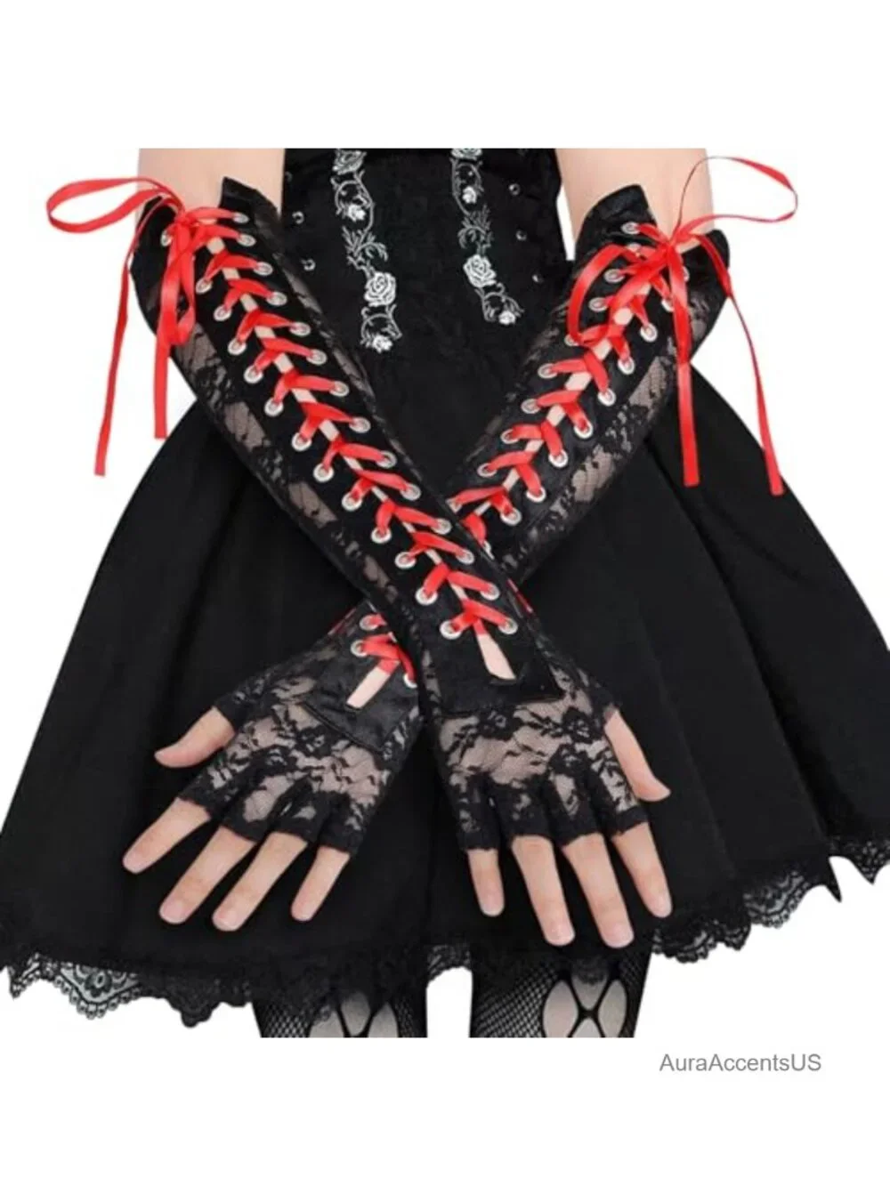 Lace Fingerless Gloves Over the Elbow Sleeves Steampunk Goth Arm Warmers